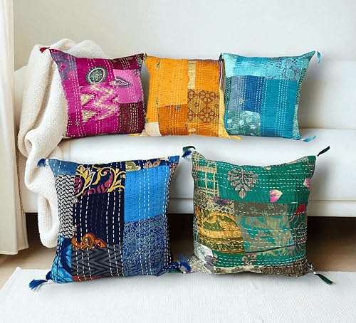 Set Of 5 Boho Throw Pillow Covers - Silk Decorative Cushions For Sofa, Couch, And Bed – Bohemian, Indian & Moroccan Inspired Home DéCor For Living Room (Silk Patch Cushion Cover, 18X18 Inches) - color: Silk Patch Cushion Cover