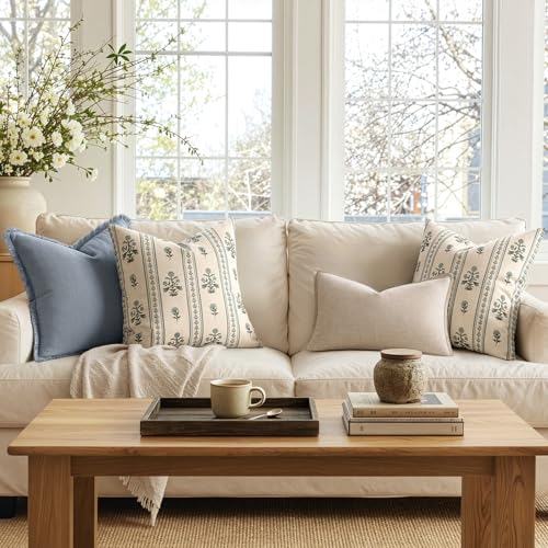 Decorative Vintage Striped Floral Throw Pillow Covers 18x18 Inch Set of 2 Light Blue Farmhouse Boho Botanical Print Cushion Covers for Sofa Couch Chair Bedroom Living Room Summer Home Decor - color: Light Blue, size: 18" x 18" (Pack of 2)