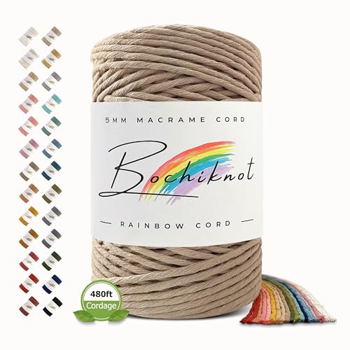BOCHIKNOT Single Strand Macrame Cord 5mm x 160yds (150m) – Soft Cotton Macrame Rope for Beginners, Easy to Knot for Wall Hangings, Plant Hangers, Fringe and DIY Crafts (Buttercream) - color: Buttercream, size: (5mm x 146m) - Single Strand Twist