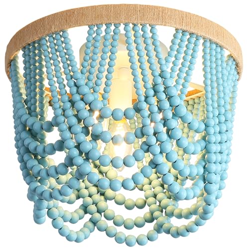 Bohemian Lighting Bohemian Chandelier Handmade Beaded Chandelier Bohemian Ceiling Beaded Lighting 3 Shallow Wood Beads Chandelier Nursery Bedroom Chandelier (Blue) - color: Blue