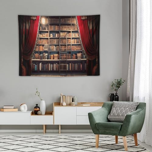 Houselerax Vintage Bookshelf Tapestry Retro Library Wall Hanging Tapestries,Old Books on Shelf Classical Study Room Student Study College Dorm Bedroom Living Room 60"x40" - color: Bookshelf-7, size: W60xL40in