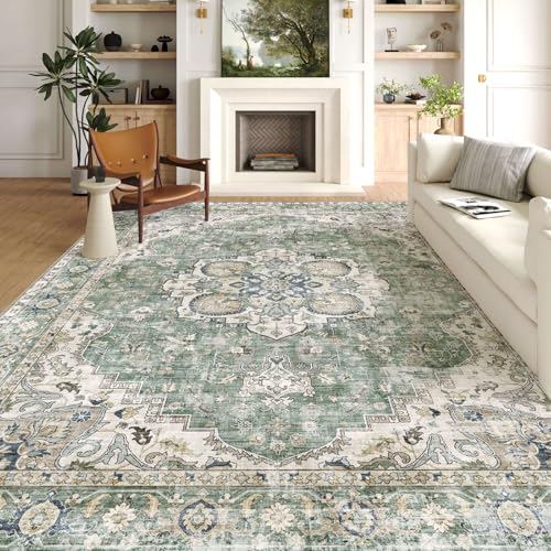 LUXRUG Area Rugs 9x12 Living Room - Large Washable Sage Green Boho Rugs for Bedroom Soft Vintage Rug Ultra-Thin Farmhouse Oriental Medallion Carpet Non Slip Rug for Dining Room Guest Room Home Decor - color: Green, size: 9' x 12' (Rectangular)