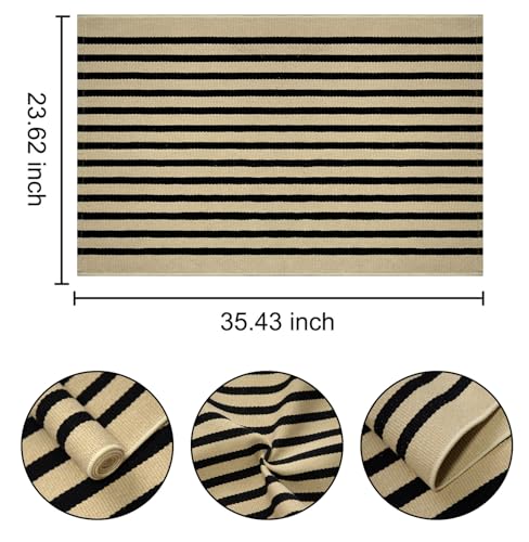 Front Door Mat Outdoor 2'x3',Black and Khaki Striped Outdoor Rug Washable Cotton Layered Door Mat Entryway Throw Rug for Indoor Entrance - color: Khaki Black, size: 2' x 3' (Rectangular)