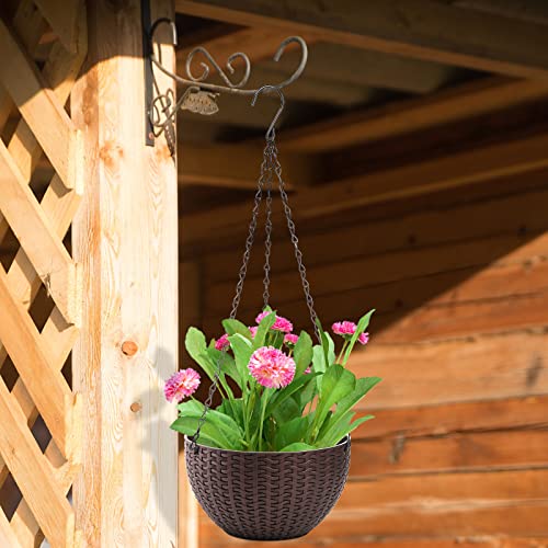 Foraineam 4 Pack 8.2 inch Self-Watering Hanging Planters, Garden Flower Plant Pot Container, Hanging Basket Planter with Drainer and Chain for Indoor Outdoor Use, Coffee Brown