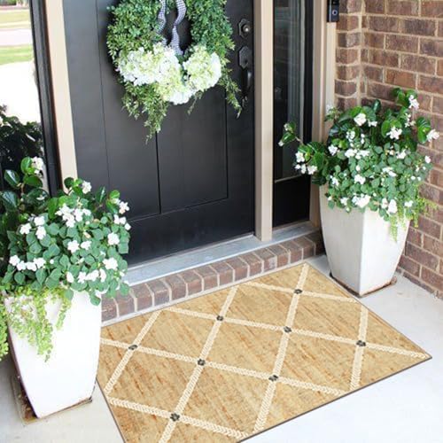 Front Door Mat Indoor - 2x3 Non-Slip Front Door Rug Washable Doormat Indoor Outdoor Entrance Woven-Look Beige Farmhouse Geometric Small Throw Rugs for Entryway Bedroom Kitchen Laundry Room - color: Lattice - Natural Wheat / Ivory, size: 2' x 3' (Rectangul