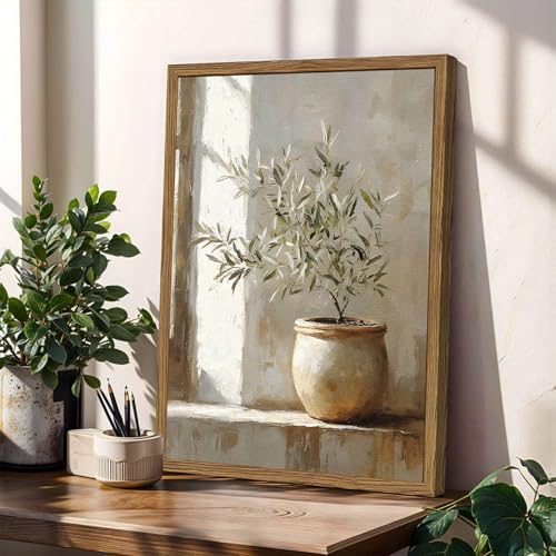 Framed Vintage Olive Tree Wall Art, Textured Sandstone Botanical Pictures Wall Decor, Rustic Neutral Potted Plant Paintings Prints Aesthetic Farmhouse Home Decor for Living Room Bedroom 16x24 inch - color: Olive Tree, size: 24"L x 16"W