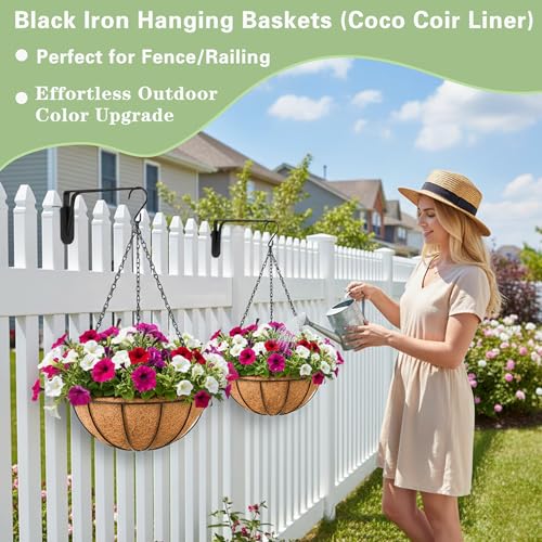 EIMQUVW Outdoor Metal Hanging Planters Basket (4pack, 16 inch) Hanging Baskets for Plants Chain Round Wire Plant Holder with Coco Fiber Liners for Garden, Patio, Deck, Porch - size: 16 Inch