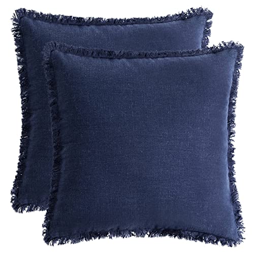 AmHoo Pack of 2 Linen Pillow Covers with Tassels Fringed Decorative Rustic Natural Throw Pillowcase Cushion for Couch Sofa Bedroom 18 x 18-Inch Navy Blue - color: Navy Blue, size: 18" x 18" (Pack of 2)