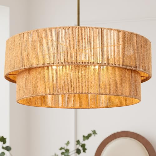 23.6'' Boho Rattan Chandelier Hand Woven Chandelier Light Fixture 3-Light Farmhouse Drum Pendant Light for Dining Room Bedroom Kitchen Hallway Foyer - color: 23.6" Rattan Gold