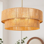 23.6'' Boho Rattan Chandelier Hand Woven Chandelier Light Fixture 3-Light Farmhouse Drum Pendant Light for Dining Room Bedroom Kitchen Hallway Foyer - color: 23.6" Rattan Gold