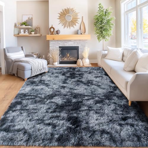 Area Rugs for Living Room Bedroom 9x12, Ultra Fluffy Shag Rug Modern Washable Carpet Soft Shaggy Non Slip Indoor Plush Fuzzy Rugs for Bedroom Dorm Office Home Aesthetic Decor, Tie-Dyed Blue Grey - color: Tie-dye Blue-gray, size: 9' x 12' (Rectangular)