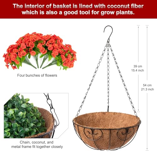Ammyoo Artificial Hanging Flower Plants with Basket for Spring Summer Outdoor Decoration, Faux Petunias Flowers Fake Morning Glories Planter for Outside Patio Garden Porch Balcony Yard Decor(Orange) - color: Orange