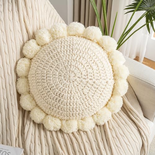 Boho Round Throw Pillow Accent Pillows for Bed Circle Pillow Covers with Insert Decorative Chunky Knit Pillow Cute Pom Sun Flower Funky Unique Decor Couch Bedroom Living Room Nursery 18x18 - size: 18 x 18-Inch