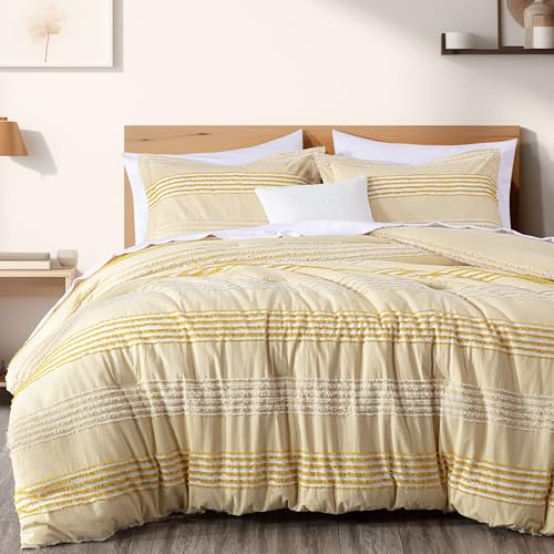Chezmoi Collection 4-Piece Clip Jacquard Cotton Comforter Set Queen, Boho Chic Textured Striped Bedding with Chenille Textured Pillow Cushion, Pale Orange/White - color: Momo Pale Orange White, size: Queen