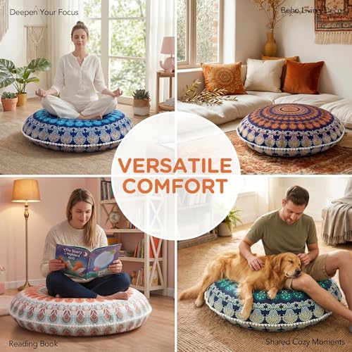 Codi Meditation Floor Pillow Set of 2, Round Large Pillows Seating for Adults, Bohemian Mandala Circle Cushion for Outdoor Fireplace Yoga Living Room, 32 Inch, Memory Foam Added, Navy - color: Round | Navy, size: 2 Count (Pack of 1)