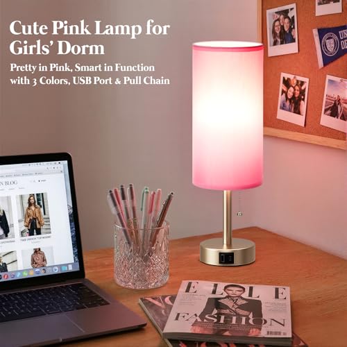 Dicoool Pink Bedside Table Lamp for Bedroom, Small Nightstand Lamp for Girls, 3 Color Temperatures & USB Charging Port, Cute Desk Lamp for Kids Teens Room Decor, Dorm Room Essentials - color: Pink-Light Gold