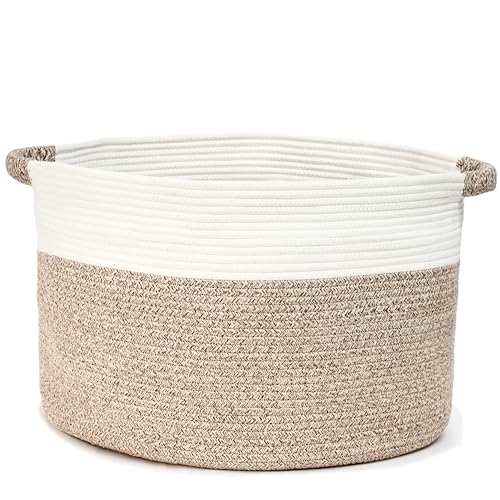 Large Blanket Basket (20" Dx13 H) - Round Woven Rope Storage for Living Room Throws, Pillows & Laundry - White/Mixed Brown - color: White/Mixed Brown, size: 20" X 20" X 13"