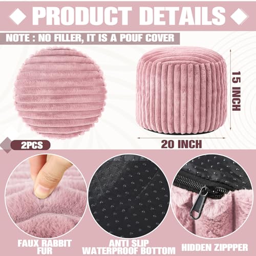 Teenyyou 2 Pcs 20 x 15 Inch Unstuffed Pouf Cover Ottoman Foot Rest - No Filler, Faux Rabbit Fur Foot Stool Floor Bean Bag Floor Chair Storage for Living Room Bedroom Home Decor(Pink) - color: Pink, size: 20 x 15 In