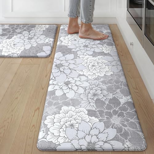 GENIMO Kitchen Mats for Floor, Kitchen Rugs Non Slip Washable Sets of 2, Waterproof Cushioned Anti Fatigue Mat, Floral Runner Rug for Laundry, Sink, Office, Home, 17.3"x59"+17.3"x30", Lavender Grey - color: Lavender Grey, size: 17.3"x59"+17.3"x30"