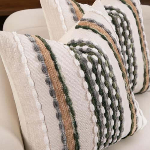 Boho Striped Throw Pillow Covers 18x18 Inch Set of 2 Farmhouse Square Decorative Pillow Covers Chenille Tufted Accent Neutral Pillowcase Grey Green Cushion Cover for Couch Sofa Bed - color: Grey Green