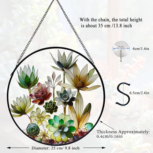 Stained Glass Window Hanging, 9.8'' Succulents Sun Catcher Glass Panel Home Garden Decor with Chain, Green Plants Stained Glass Sunatcher Gift for Nature Lover, Mom, Friends - color: Succulents