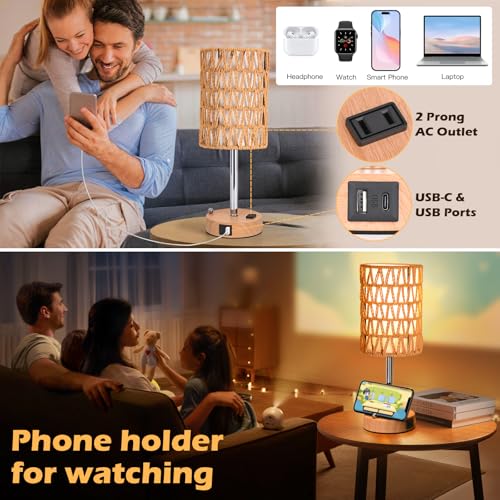 Rattan Table Lamps for Living Room, 3 Way Dimmable Touch Lamps, Small Bedside Lamps with LED Bulbs, Phone Stand, USB Ports and AC Outlet, Boho Nightstand Lamp for Bedroom Office (1 Pack Faux Wood) - size: 1 Pack Faux Wood