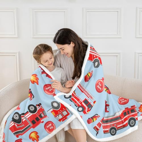 Feelyou Kids Car Sherpa Blanket Fire Engine Fleece Throw Blanket Red Fire Truck Vehicle Pattern Fuzzy Blanket for Bed Sofa Couch Bedroom Decor Plush Blanket Throw 50"x60" - color: Multi 917, size: Throw