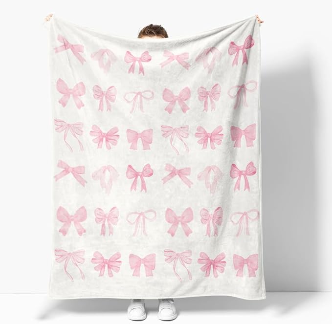 Pink Bow Cute Christmas Throw Blanket, Preppy Room Decor, Soft Warm Bed Blankets for Women Girls & Gifts, 30inx40in (Bow Pattern) ,Couch, sofa