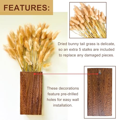 LaLaGreen Wood Wall Planters (8 Inch, 2 Pack) Include Bunny Tails Dried Flowers, Hanging Planter Wooden Box Vase for Indoor Modern Rustic Farmhouse Decor Home Living Room Bathroom Trendy Decoration - color: Bunny Tail Original