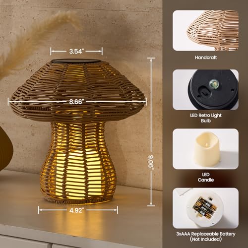 Portable Rattan Table Lamp for Indoor Outdoor, CE,RoHS Certified Solar Charging & Replaceable Battery LED Light, Ratten Bedroom Lamp with Warm Candle Bulb for Patio Bedroom, Pack of 2 - style: Pack of 2