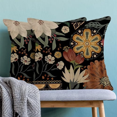 Boho Floral Pillow Covers 16x16 Inch Set of 2, Modern Abstract Outdoor Decorative Retro Bohemian Flower Throw Pillows Mid Century Tropical Leaves Couch Cushion Case for Chair Sofa Bedroom - color: Vc3, size: 16" x 16" (Pack of 2)