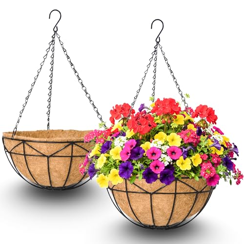 2 Pack 12 Inch Hanging Baskets for Plants Outdoor Metal Hanging Planters Round Hanging Flower Pots with Coco Coir Liner Plant Holder for Outdoor Patio Garden Balcony Decor - Geometric - color: Geometric
