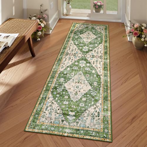 Lahome Felice Boho Runner Rugs 2x5 Green Kitchen Runner Rugs Non Skid Washable, Tribal Vintage Soft Machine Washable Non-Shedding Indoor Runners for Bedroom Hallway Bathroom Decor - color: Green, size: 2' x 5' (Runner)
