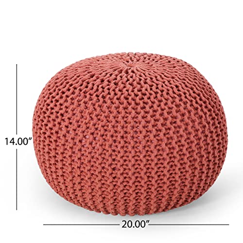 Round Boho Pouf Ottoman - Cable Knitted Cord Boho Pouffe - Stuffed Poof Accent Beanbag Footrest for Living Room - Nursery - Bedroom - Covered Patio - Study Nook (20"x20"x13") (Coral) - color: Coral