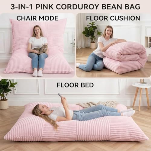 Giant Bean Bag Chair - 3-in-1 Convertible Memory Foam Floor Cushion with Washable Corduroy Cover, Large Comfy Beanbag Sofa for Adults and Kids (Pink) - color: Pink