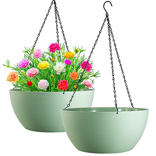 WOUSIWER 13 inch 2 Pack Large Hanging Planters for Indoor Outdoor Plants with Drainage Holes and Chain, Round Hanging Flower Pots for Garden Home Porch Decor, Green - color: Green