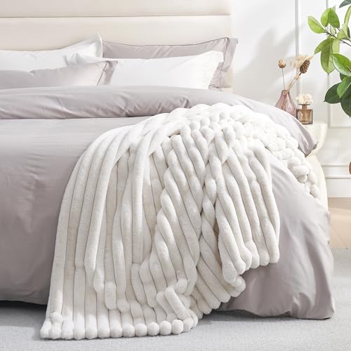 Amélie Home Faux Fur Throw Blanket for Couch, Cozy Fuzzy Fluffy Fur Luxurious Soft Striped Plush Gift Blankets for Family Sofa Chair, 60"x80", Ivory - color: Striped Ivory, size: Twin(60"x80")