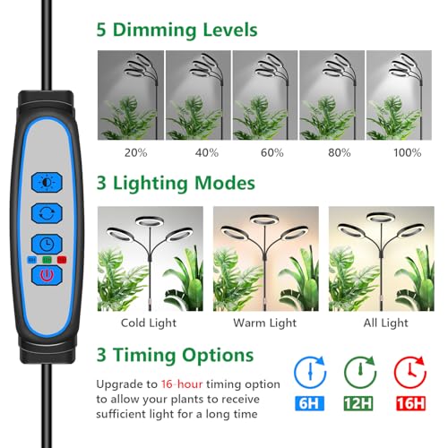 Aumtrly Grow Lights for Indoor Plants, 3 Head Full Spectrum Plant Light with 68" Adjustable Stand for Growing Large Tall Plants, Black Halo Floor LED Grow Lamp with 16 Hour Timer - size: 3 head 68inch/black