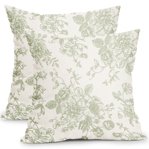 Vintage Floral Pillow Covers 18x18 Inch Set of 2 Sage Green and Cream Floral Throw Pillow Covers Chinoiserie Flower Pillowcases Rustic Farmhouse Cotton Linen Cushion Covers for Couch Bed Sofa Decor - color: Sage Green, size: 18" x 18" (Pack of 2)