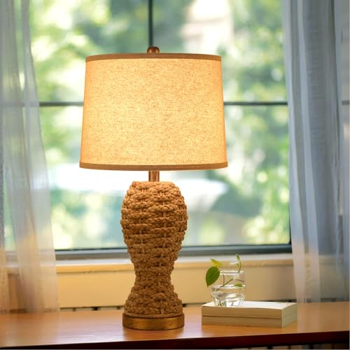 24.4" Boho Table Lamps for Living Room, Bedside Lamp for Nightstands, Rattan Lamp Wicker Lamp for Bedroom, Farmhouse Rustic Woven Table Lamp for Kitchen Room Decor, End Table, Retro(No Bulb) - color: Rattan-B