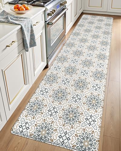 LUMI Anti Fatigue Kitchen Cushioned Mat for Floor, Padded Waterproof Runner for Standing, Stain Resistant Comfort Rugs for Home, Sink, Laundry, 24x87 - color: Beige and Blue, size: 87"L x 24"W x 0.4"Th