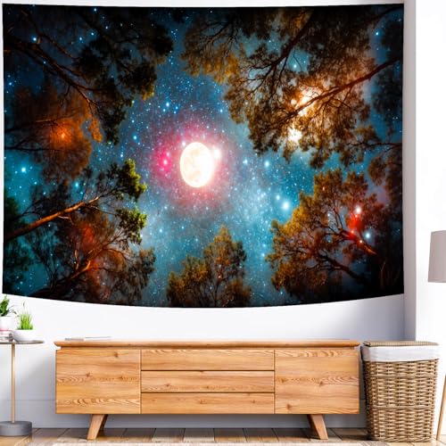 Delur Forest Tapestry Galaxy Moon Stars Night Space Starry Sky Wall Hanging Tapestry Aesthetic Tree Nature Landscape Psychedelic Headboard for Bedroom Living Room Home Decor (51.2" x 59.1") - color: Moon Forest, size: 51.2"L x 59.1"W