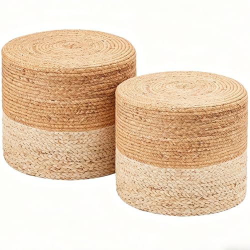 Wimarsbon 2Pcs Pouf Ottomans, Natural Seagrass Foot Stool, Hand Weaving Round Ottoman, Boho Decorative Seat, Jute Braided Pouffe Poof Accent Sitting Footrest (18inch Water Hyacinth Braid & Corn Husk) - color: 18inch Water Hyacinth Braid & Corn Husk