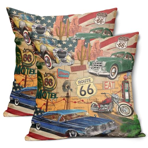 Antique Car Pillow Covers 18x18 Inch Set of 2 Classic Old Car Cotton Linen Decorative Throw Pillow Case Route 66 Motorcycle Cushion Cover for Bedroom Sofa Living Room Chair Home Decor - color: Antique Car, size: 18" x 18" (Pack of 2)