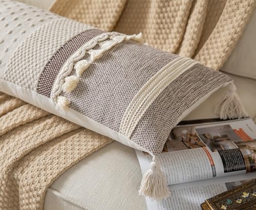 Caflife Boho Lumbar Throw Pillow Cover 14X36 Long Decorative Pillows for Bed, Coffee Beige Woven body Pillow Cover for Farmhouse Chair Sofa Bedroom Living Room Home Decor Couch Cushion Case, Pack of 1 - color: Coffee Beige, size: 36" x 14" (Pack of 1)