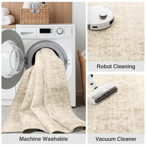 Fmfunctex 2x8 Runner Rug Beige Washable Neutral Vintage Distressed Oriental Traditional Non Slip Low Pile Indoor Carpet Retro Hallway Entryway Rug for Kitchen Living Room Bedroom Laundry Entry Bedside - color: Beige, size: 2' x 8' (Rectangular)