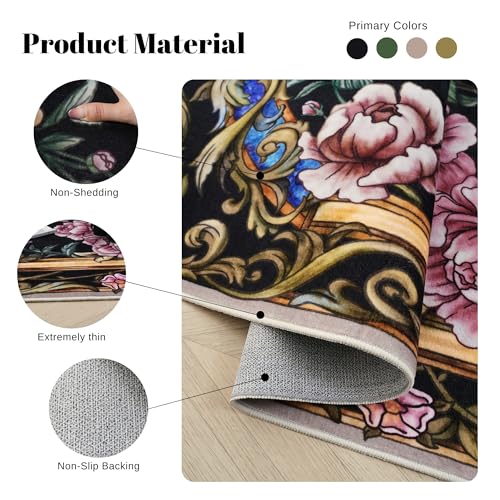 Area Rugs 8x10 Rug for Living Room Clearance Washable Floral Peacock Non Slip Vintage Low Pile Large Rug for Living Room, Bedroom, Farmhouse, Dining Room, Kids Playroom(Black)