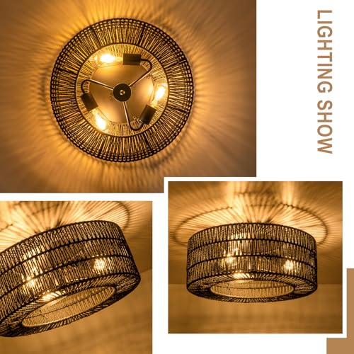 SineRise Flush Mount Ceiling Light (18-Inch, LED Bulb Included), Hand-Woven Boho Rattan Ceiling Light Fixture, Rattan Chandelier for Hallway Kitchen Farmhouse Foyer Entryway Living Room(Black) - color: Black, size: Large