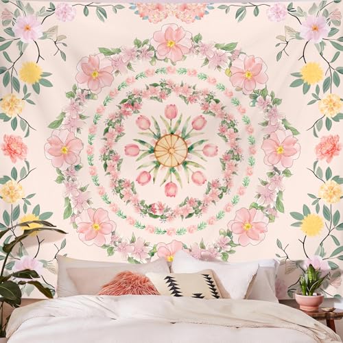 Tichgeim Pink Boho Mandala Floral Tapestry Wall Hanging for Bedroom, Bohemian Flower Aesthetic Cute Room Decor for Girls, Indian Style Tapestries for Dorm Office and Living Room 60" × 51" - color: Pink Mandala Tapestry, size: 60"L x 51"W