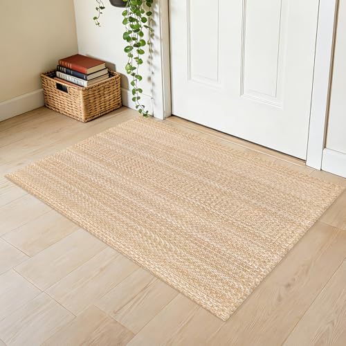 Washable Runner Rug 2x3 Ft Small Entryway Rug Indoor Door Mat Non Slip Front Door Rugs Indoor Braided Cotton Floor Carpet for Front Entrance Bathroom Kitchen Foyer, Khaki/Ivory - color: Khaki/Ivory, size: 2x3
